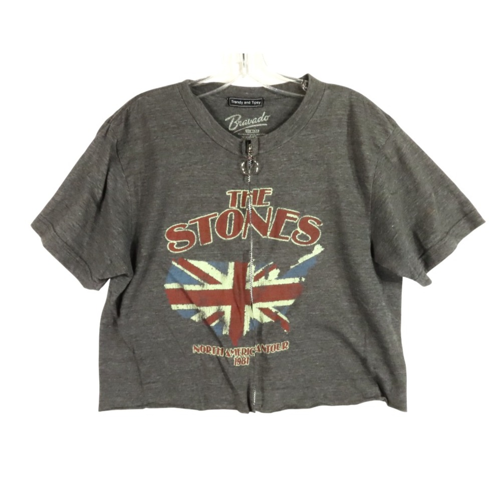 TRENDY & TIPSY Gray Cropped Band Tee ROLLING STONES North American 1981 Zipper M